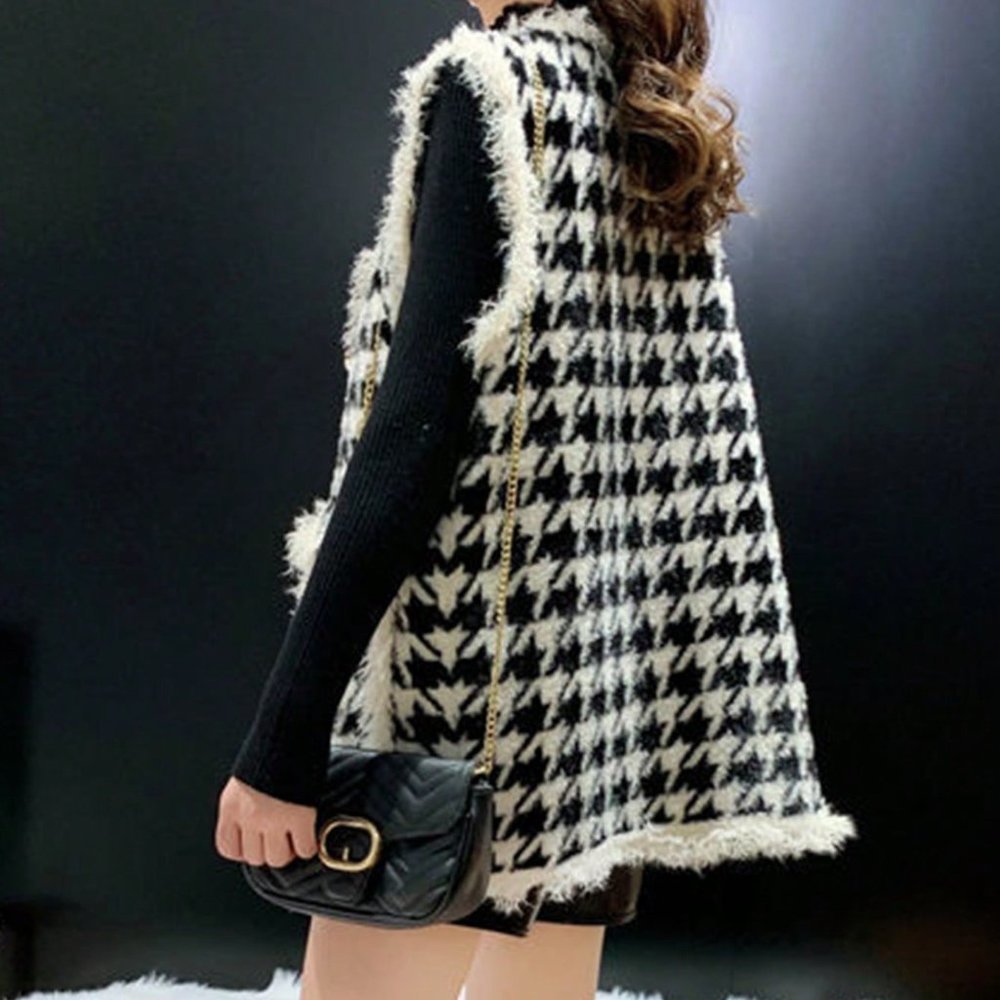 Multicolor Preppy Womens Houndstooth Pattern Raw Trim Dual Pocket Sweater Vest - Picture 3 of 4
